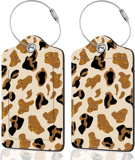 2Pack Luggage Tags for Suitcases, Cute Unique Pu Leather Cruise Luggage Tag with Privacy Cover ID Label Address Card and Metal Ring Suitable for Women Men Kids Travel Bag Brown Leopard Print