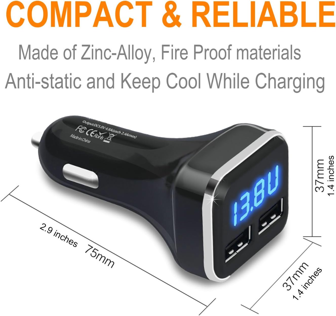 4.8A 24W Dual USB Car Charger Volt Meter Car Battery Monitor with LED Voltage & Amps Display, Cigarette Lighter Adapter, USB Cigarette Lighter Adapter, Compatible for iPhone 15/15 Pro Max