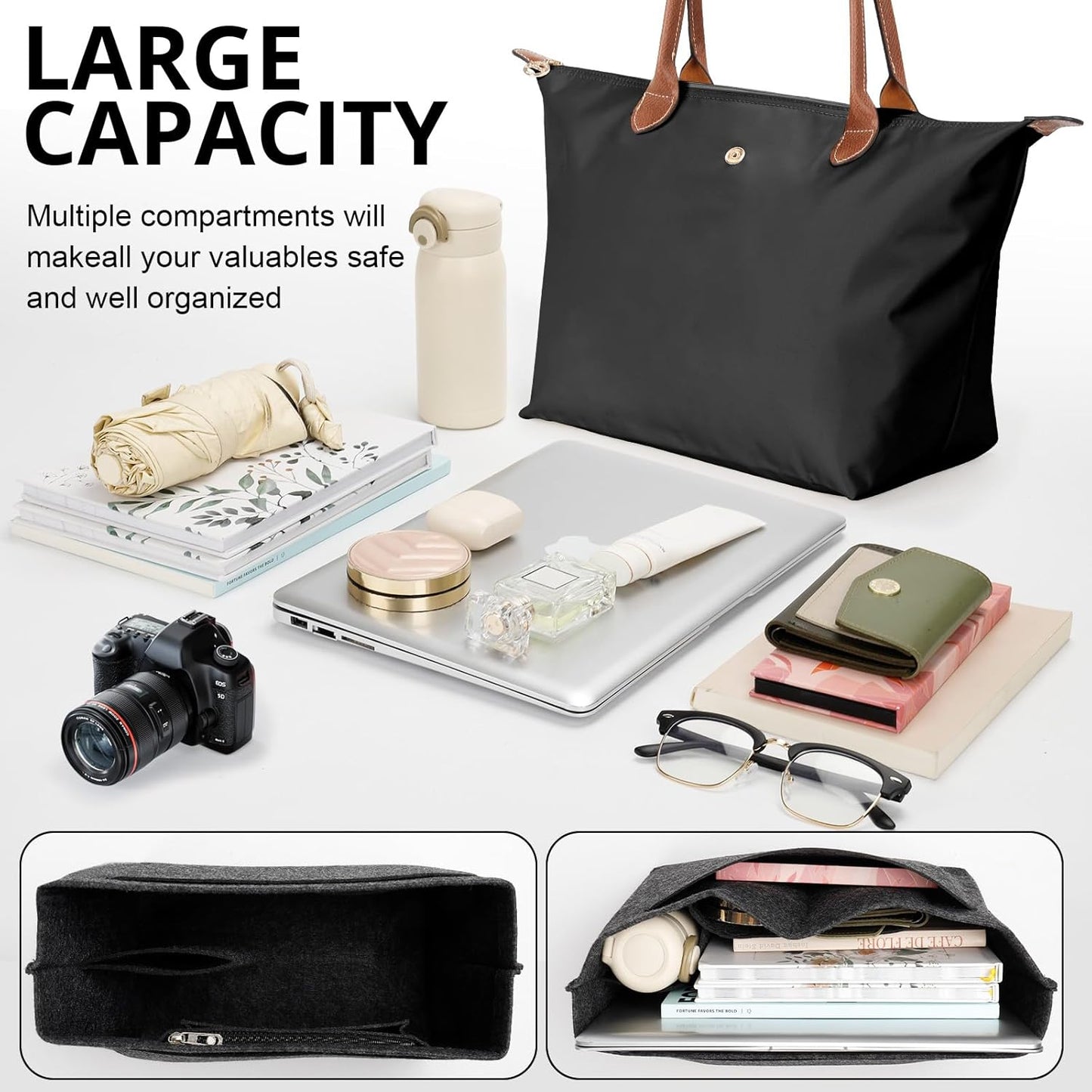 Tote Bag for Women with Purse Organizer Insert, Foldable Large Capacity Waterproof Nylon Bag for Travel, and Daily Use