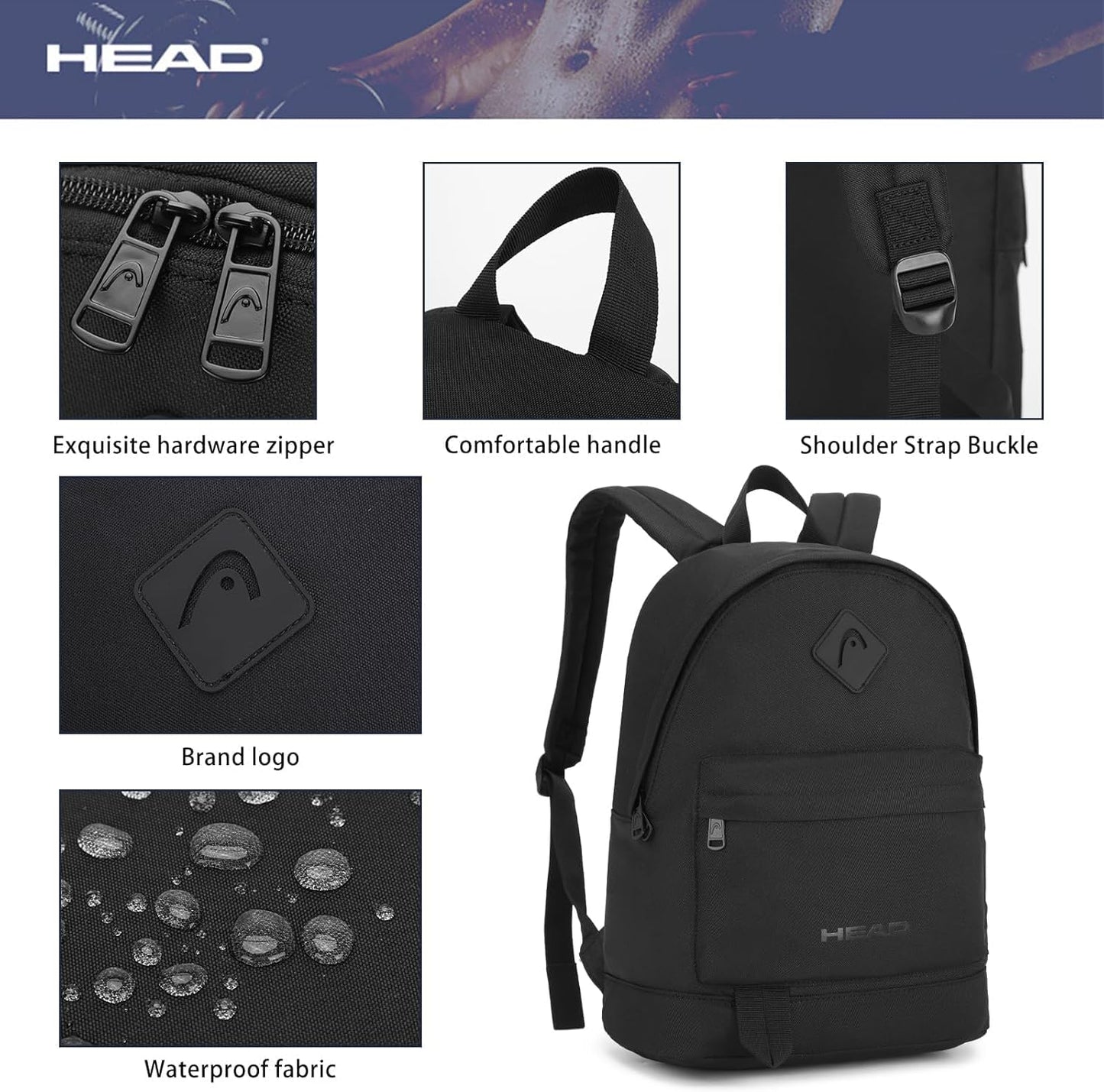 HEAD Waterproof Travel Backpack for Women & Men, Small Lightweight Backpacks for Sport/Gym/Fitness/Work/Daily, Casual Daypack Backpack for 15.6 inch Laptop