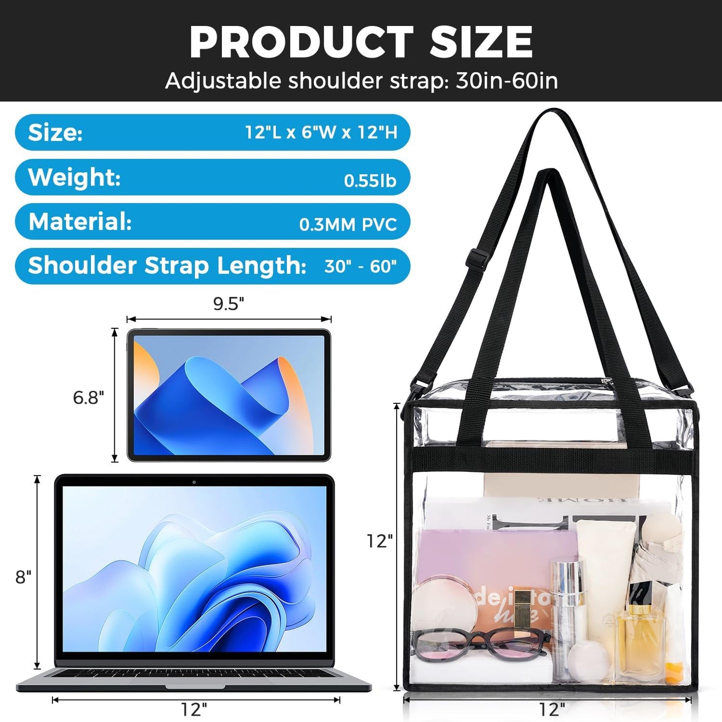 BAGAIL Clear Bags 12x6x12 Stadium Approved Clear Tote Bag with Zipper Closure Crossbody Shoulder