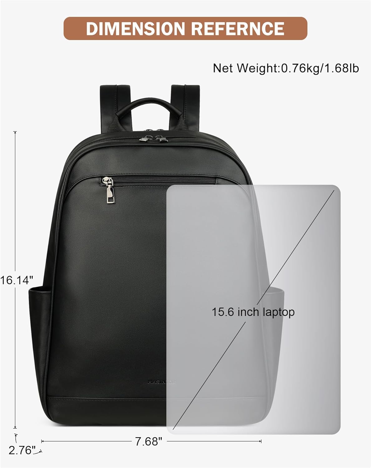 MASINTOR 15.6 inch Leather Laptop Backpack Purse for Women, Designer Travel and Work Bag with Laptop Compartment Black
