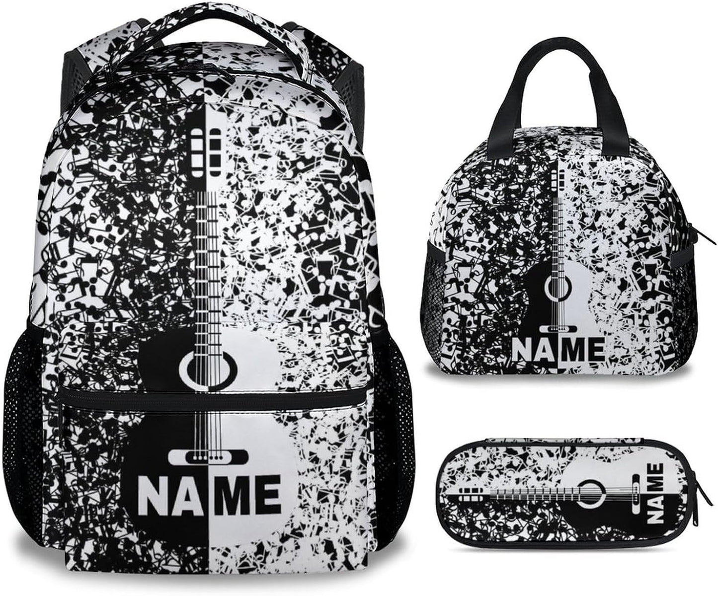 Mercuryelf Personalized Guitar Kids Backpack with Lunch Box Set, 3 in 1 School Backpacks Matching Combo, Cool Black White Bookbag and Pencil Case Bundle