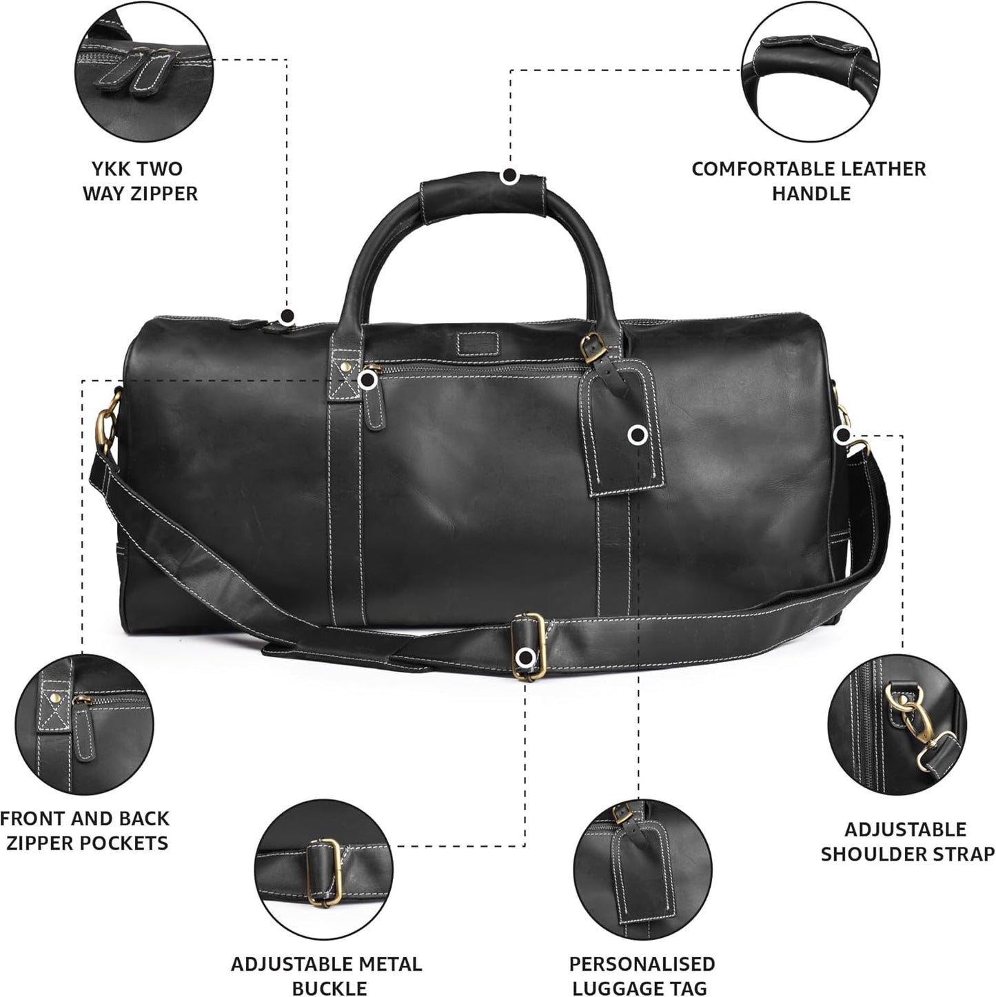 Leather Village Premium Leather Duffel Bags for Men & Women-Stylish Travel Weekender Carry-On Sports Gym Overnight Luggage Bag - 24 Inch - Black