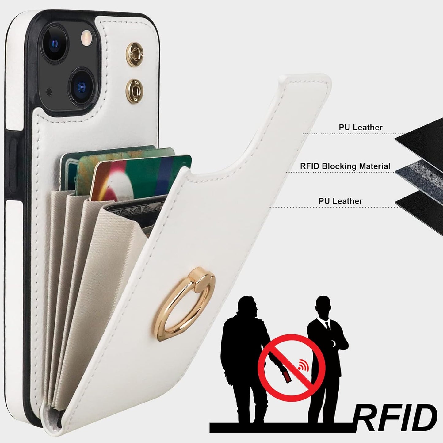 Folosu Compatible with iPhone 14 Case Wallet with Card Holder, 360°Rotation Finger Ring Holder Kickstand, RFID Blocking Leather Protective Double Buttons Shockproof Cover 6.1 Inch White