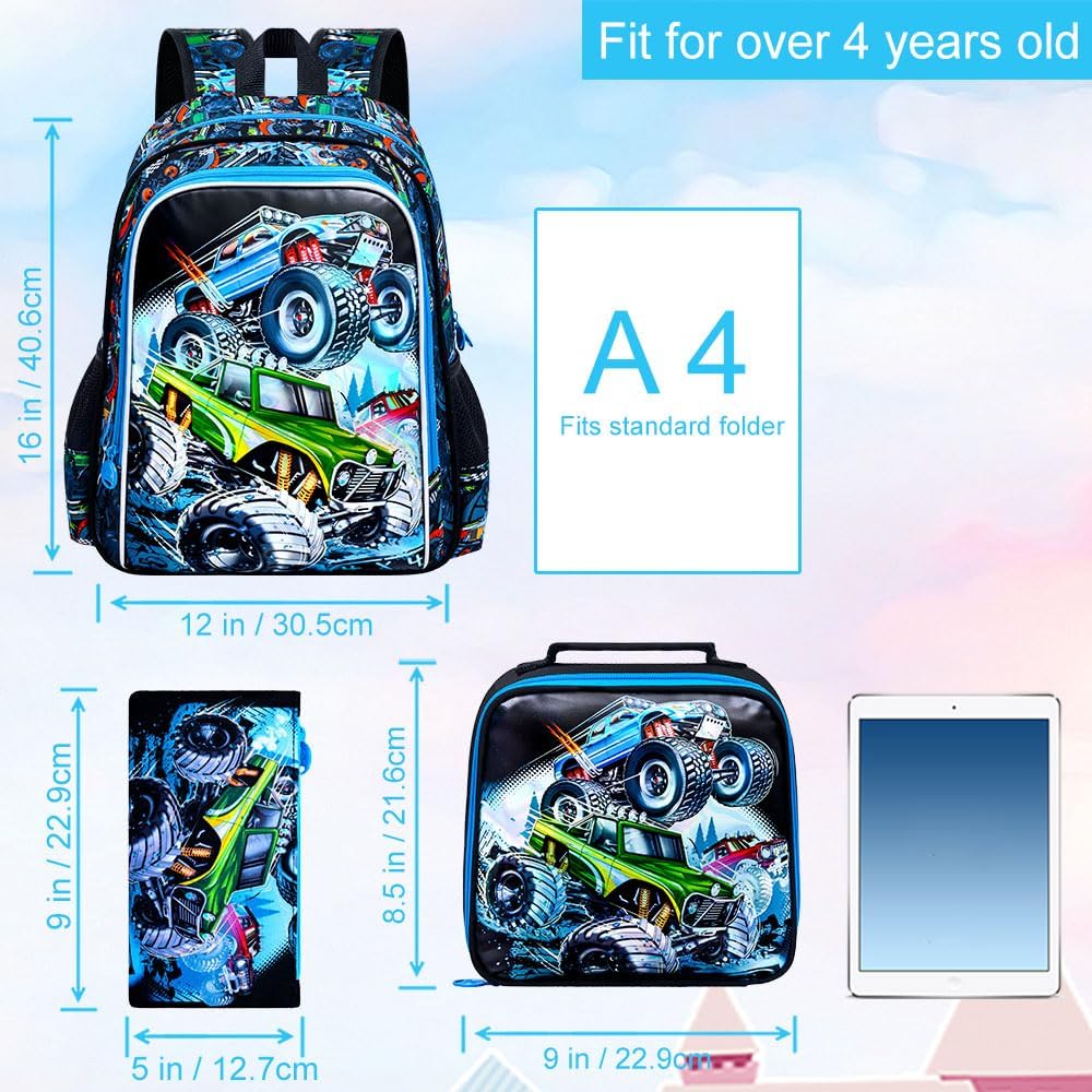 3PCS Dinosaur Backpack for Boys, 16 Inch Kids Water Resistant Preschool Elementary Kindergarten Bookbags and Lunch Box