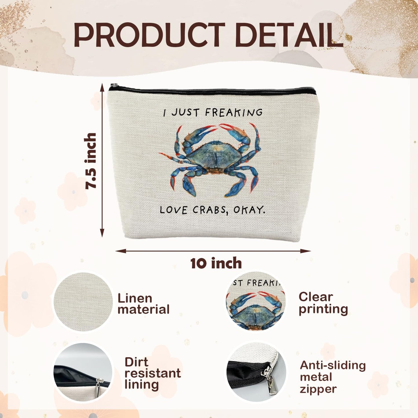 Beach Crab Makeup Bag, Crab Lovers Gift for Women, Coastal Beach Lover Cosmetic Makeup Bag, Ocean Crabs Pouch Purse