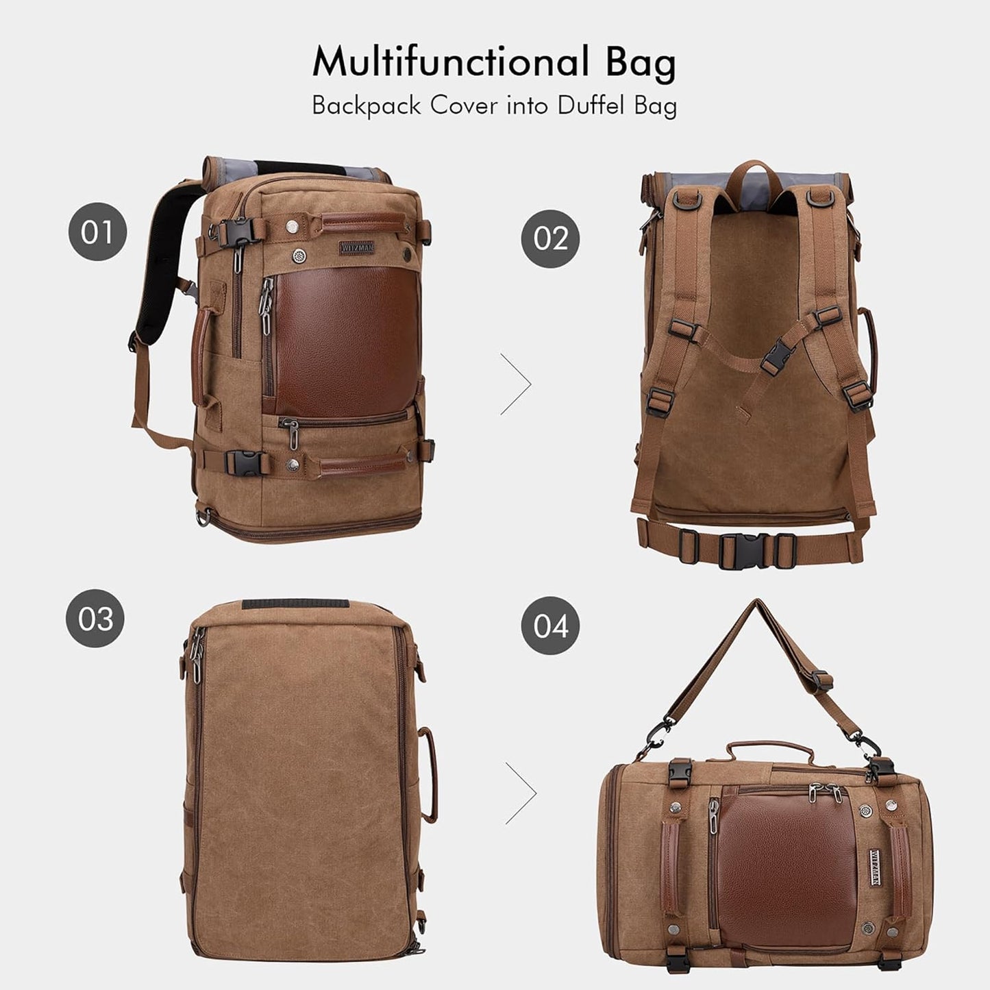 WITZMAN Travel Backpack for Men Women Carry on Luggage Backpack Canvas Rucksack Duffel bag with Shoe Compartment（A2020 Brown）