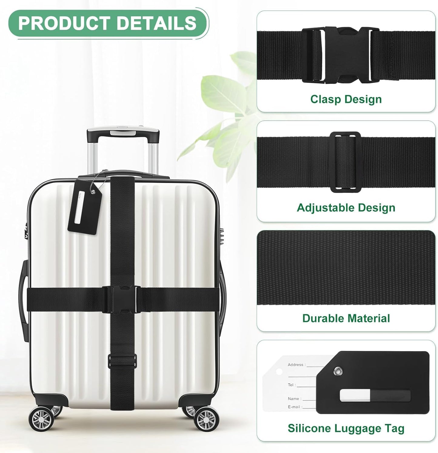2-Sets Luggage Straps TSA Approved, Travel Straps for Luggage Suitcase Tags Set, Adjustable Suitcase Belt [Black]