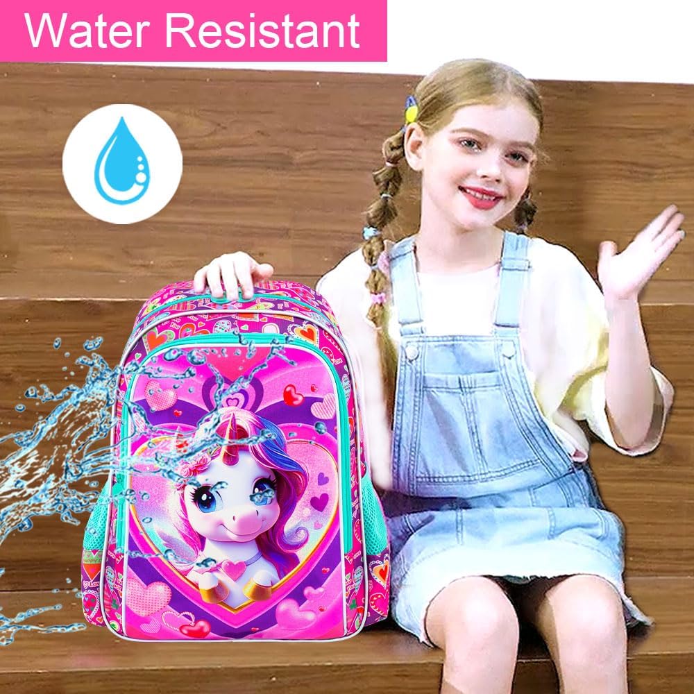 3PCS Girls Backpack, Kids Water Resistant Heart Bookbag Set with Lunch Box, Cute Kids School Bag for Preschool Toddler