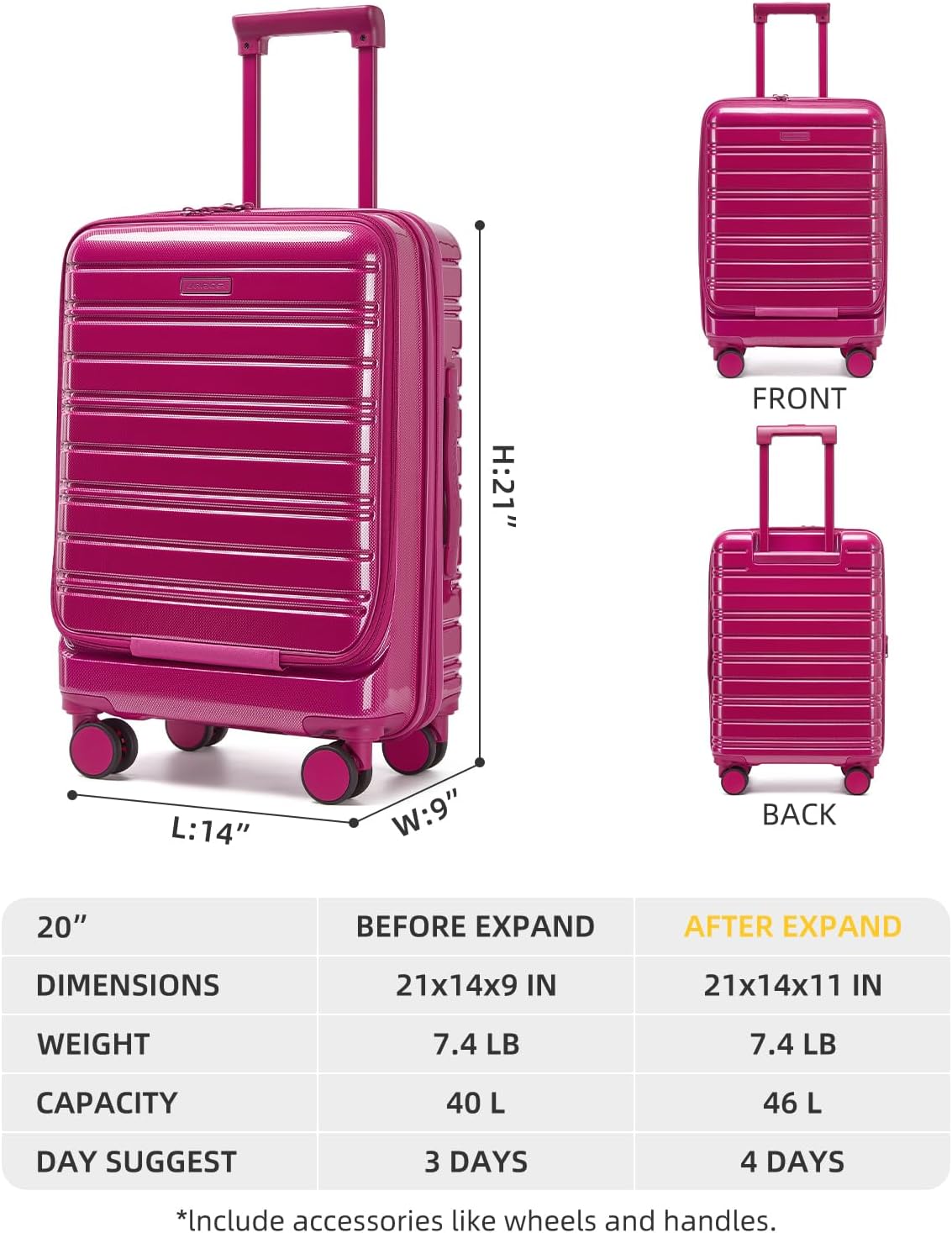 LARVENDER Carry On Luggage 22x14x9 Airline Approved, 20 Inch Expandable PC+ABS Hardside Carry On Luggage with Front Pocket Spinner Wheels TSA Lock for Women Men (Very Berry)