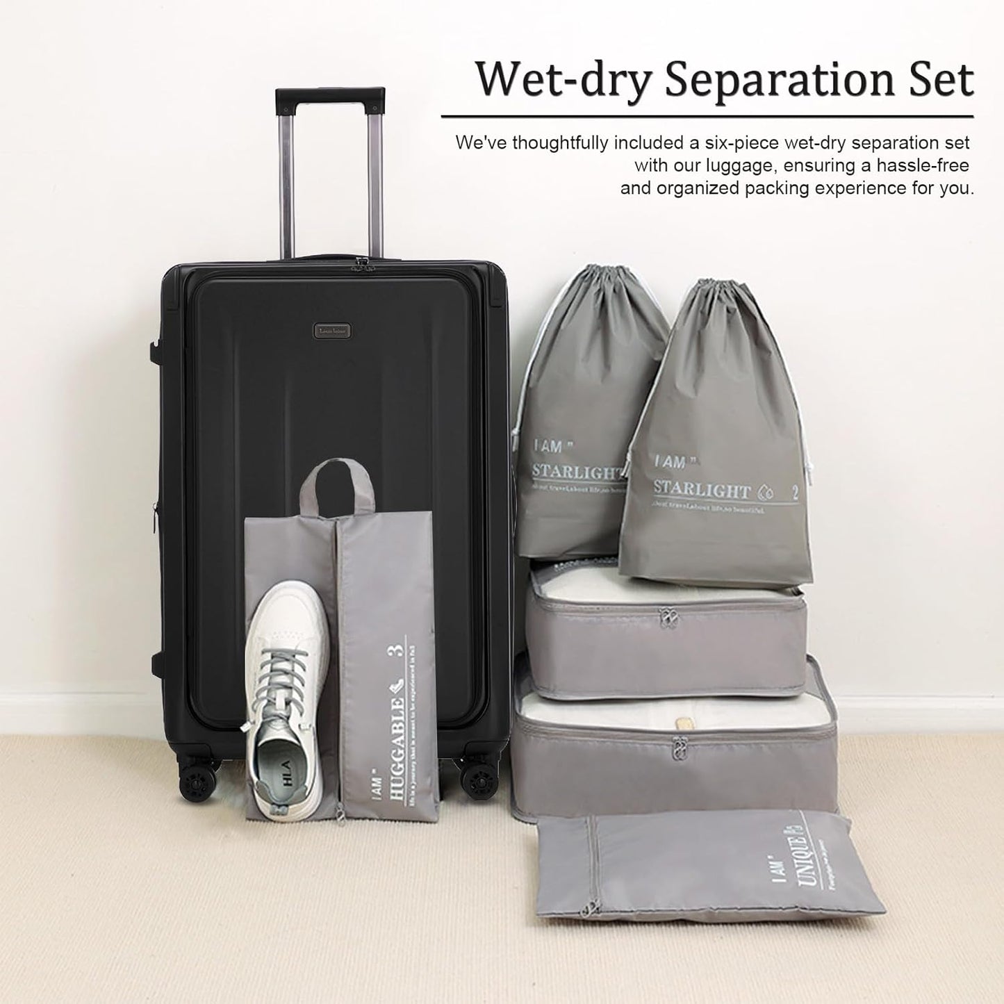 Premium Carry On Luggage, 20Inch+29 Inch Top Opening Airline Approved ABS+PC Hard Shell Suitcases with Silent Wheels, TSA Lock,Front Pocket and Wet-dry Separated Six-piece Set