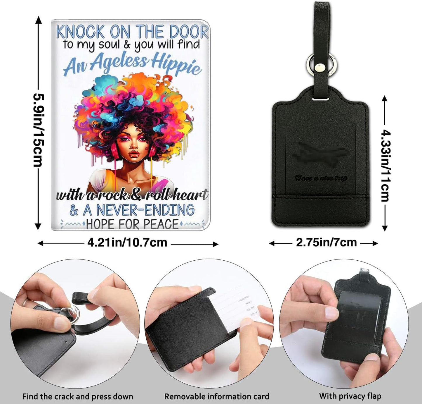 Passport Holder Women Wallet with Luggage Tag, Leather Passport Cover with RFID Blocking, Travel Accessories Multi Card Slot Passport Case for Men，Afro African Girl with Colorful Hair