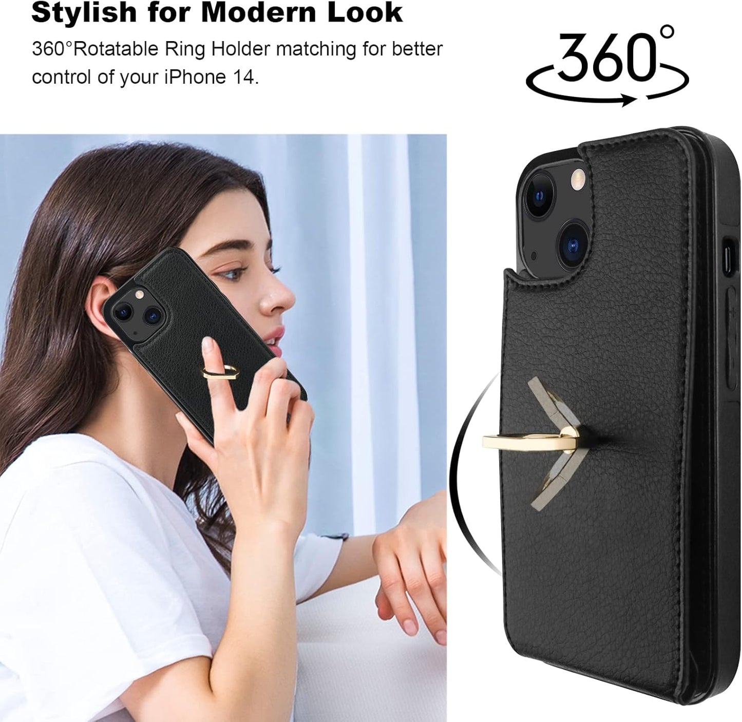 Folosu Compatible with iPhone 14 Case Wallet with Card Holder, 360°Rotation Finger Ring Holder Kickstand, RFID Blocking Leather Protective Double Buttons Shockproof Cover 6.1 Inch Black