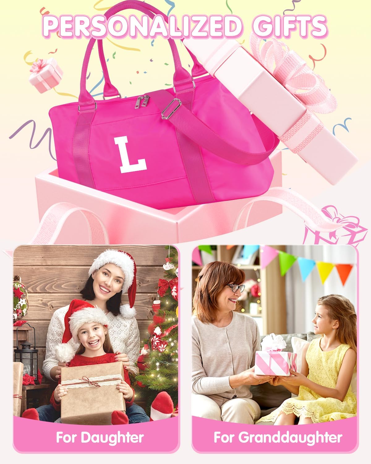 Overnight Bag for Kids Teen Girls Weekender Dance Bag Birthday Graduation Gifts,Initial Travel Duffel Bag Sports Gym Bag Personalized Weekender Bag Carry On Bags Preppy Gifts for Women(Hot Pink, L)