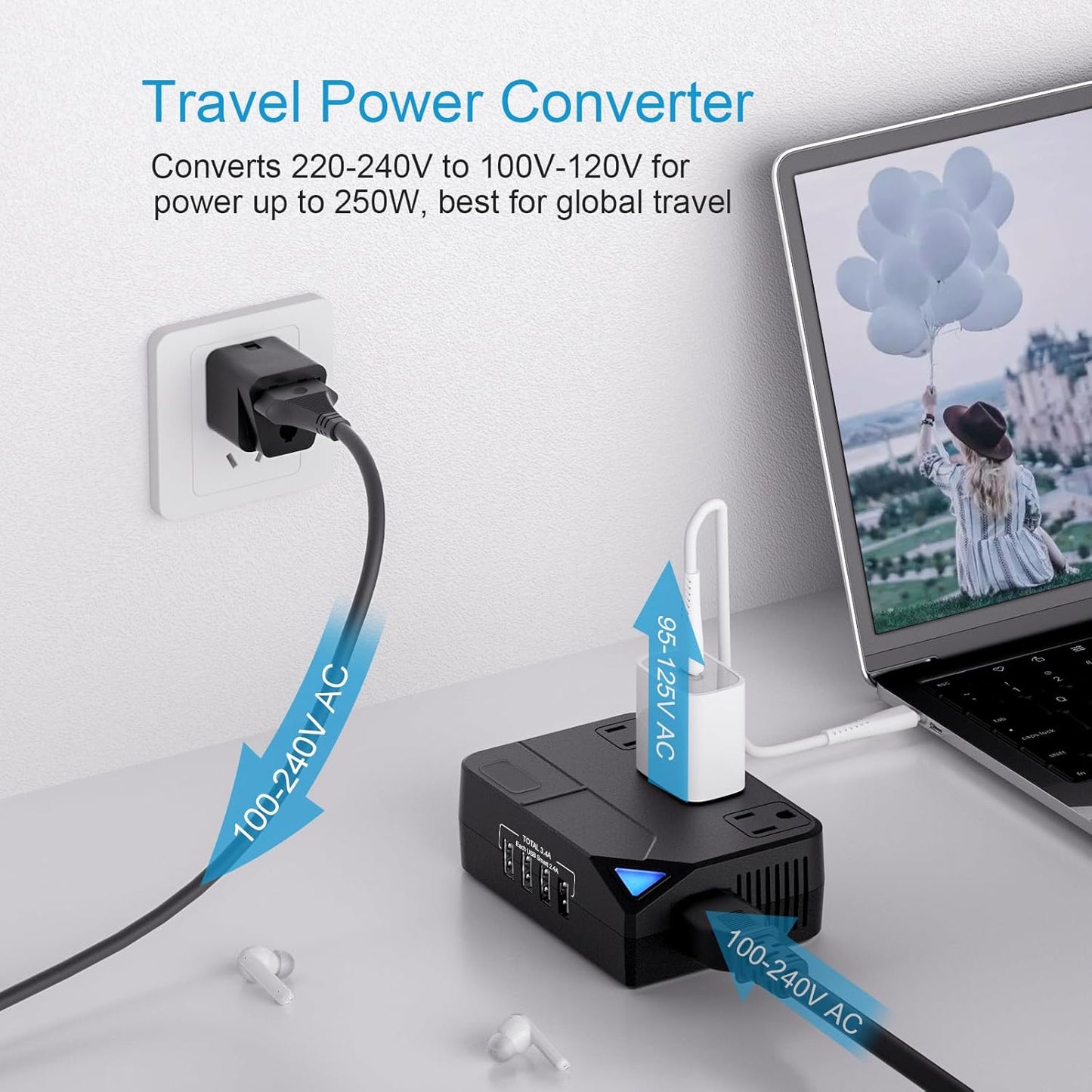 250 Watt Travel Voltage Converter, 100V-220V Travel Voltage Converter for Curlers, Hair Straighteners, Chargers with 4 USB Charging Ports and 3 AC Plugs, Includes A, C, D, G, I, L Plugs (Black)