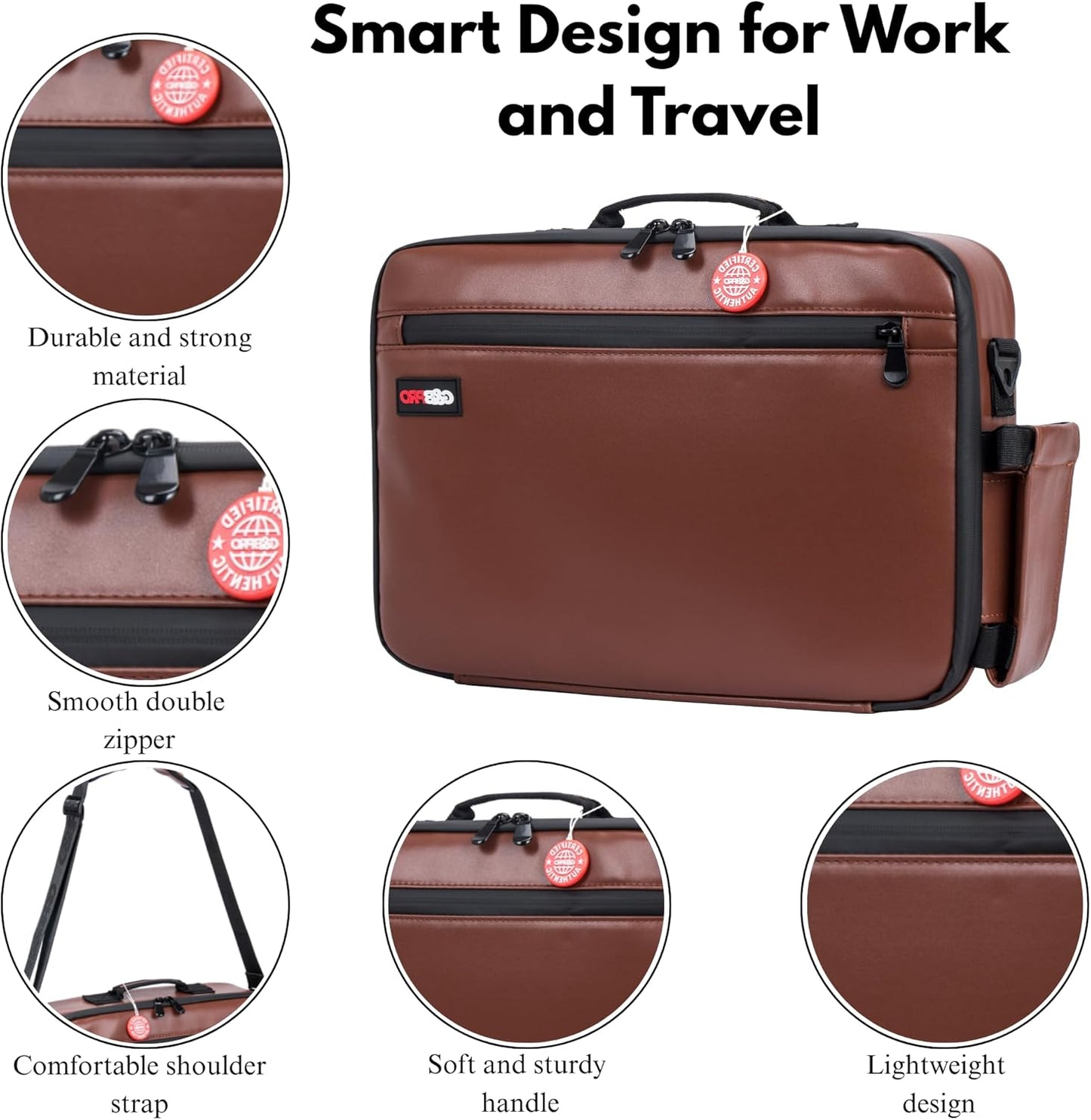 G&bpro Crossbody Briefcase with Extending Tray System | All-In-One Mobile Workstation Laptop Travel Bag with Expandable Storage & Organizer Compartments - Brown/leather with Black Zipper