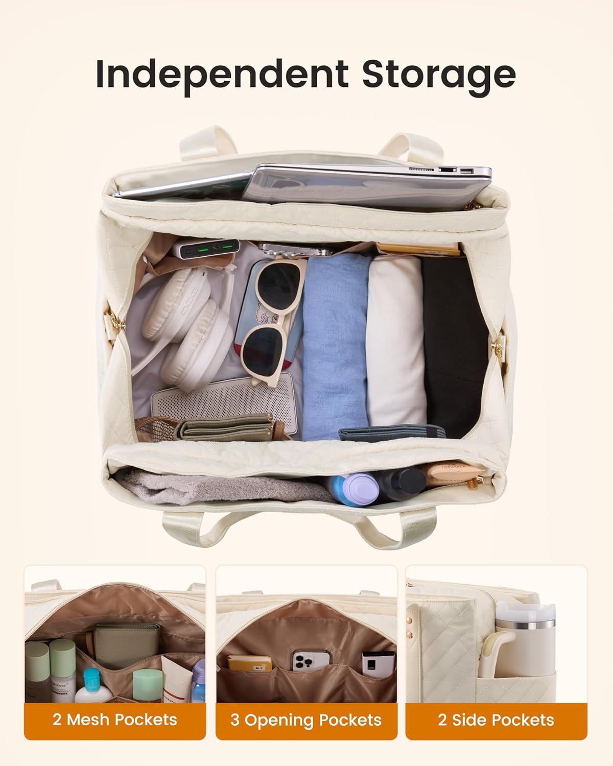 LOVEVOOK Large Travel Duffle Bag for Women, 52L Weekender Bags with Shoe Compartment & Wet Pocket, Quilted Carry On Personal Item Bag, Overnight Hospital Bags for Labor Delivery Beige