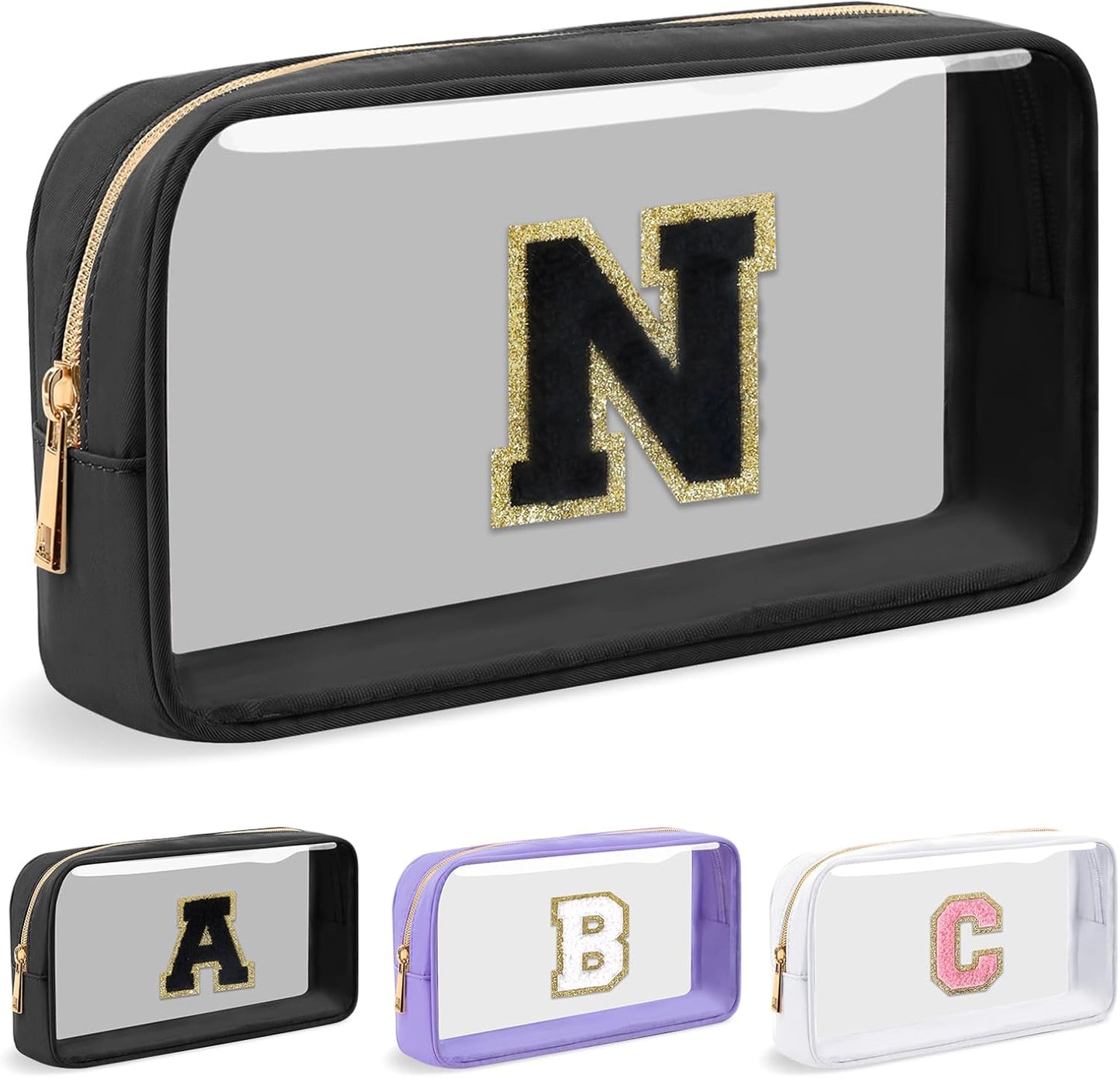 Personalized Initial Letter Clear Makeup Bag,Preppy Small Nylon&PVC Cosmetic Zipper Bag with Chenille Letter,Travel Skincare Toiletry Bag,Monogram Christmas Gift for Teen Girls Women,N