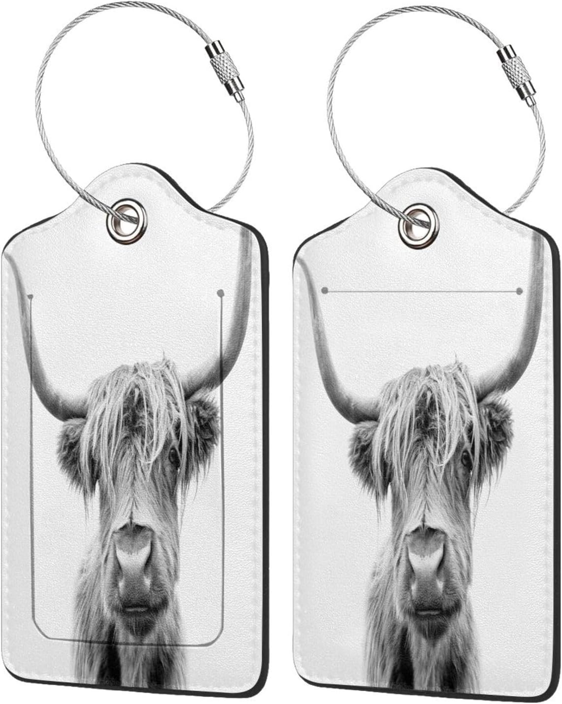 2 Pack Luggage Tag for Suitcase, Cute Leather Suitcase Tags Identifiers with Privacy Name Address Labels Durable Steel Loop for Women Men Girl Travel (Highland Cow Bull)