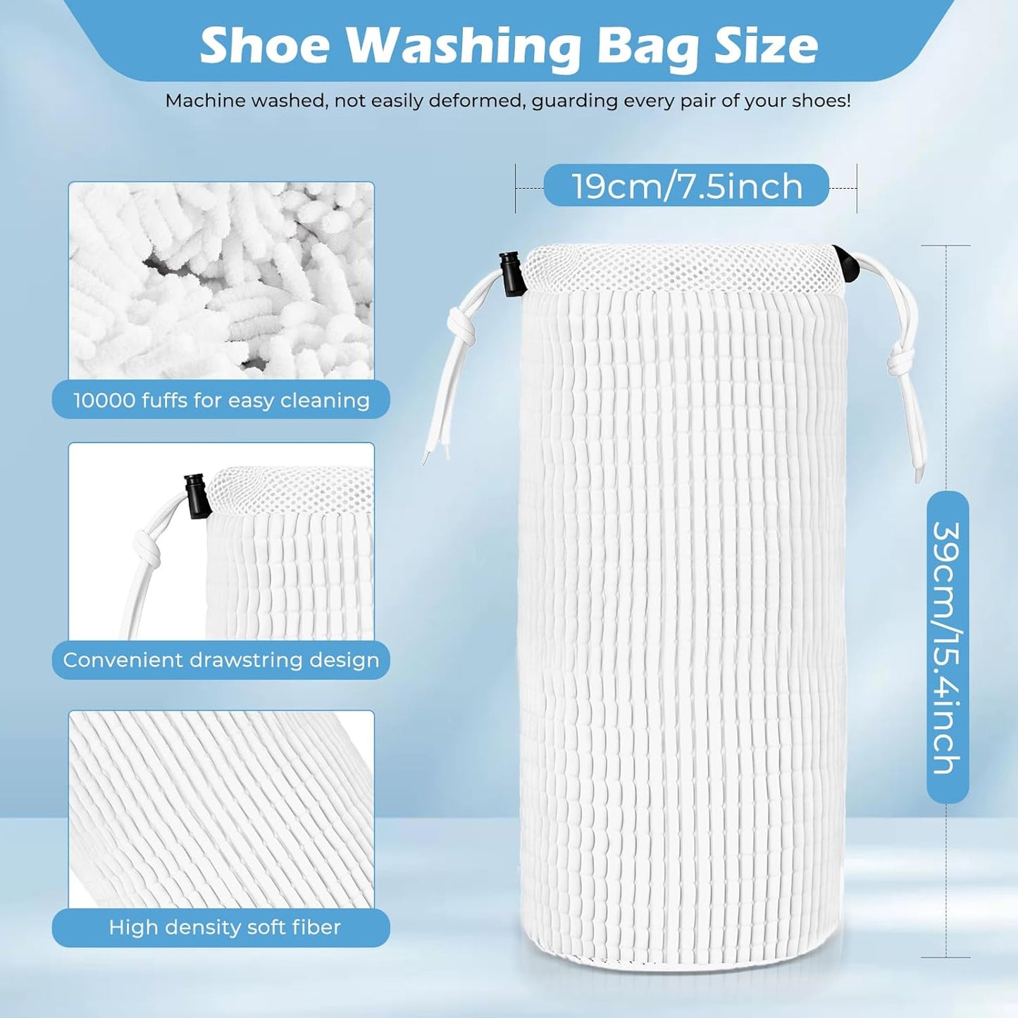 2Pcs Shoe Washing Machine Bag, Reusable Shoe Laundry Bag, Sneaker Washing Machine Bags, Shoe Cleaning Wash Bag with 360° Cleaning Fibers & Adjustable Drawstring, Fits Most Shoes Washer (White)