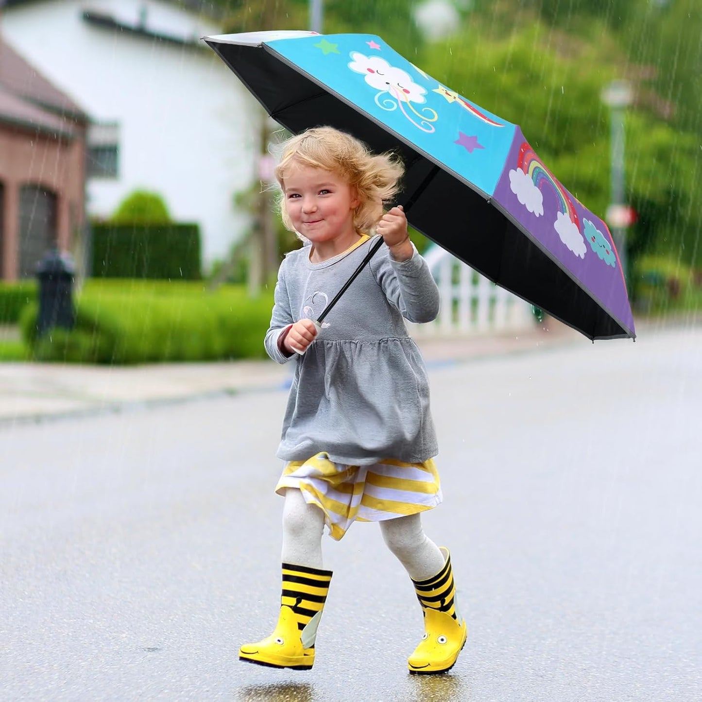 Kids Folding Umbrella Auto Open/Close Anti-rebound Safe Design UV Resistant Automatic Children Travel Umbrellas 8 Rib Reinforced Canopy 360° Reflective Strip Lightweight Cute Umbrella for Girls & Boys