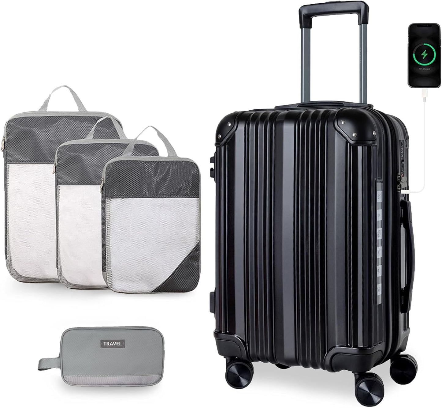 OUZZO 24-Inch Medium Checked Luggage with USB Port, Expandable ABS+PC Hardshell Suitcase with 360° Spinner Wheels, TSA-Approved Lock, Corner Guards – Lightweight Travel Luggage – Black