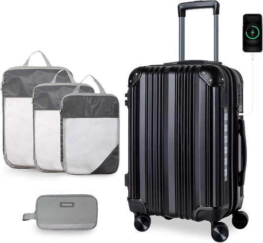OUZZO 24-Inch Medium Checked Luggage with USB Port, Expandable ABS+PC Hardshell Suitcase with 360° Spinner Wheels, TSA-Approved Lock, Corner Guards – Lightweight Travel Luggage – Black