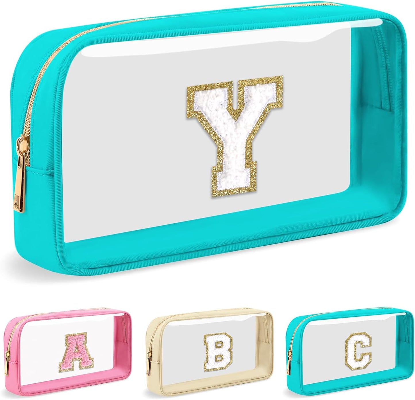 Personalized Initial Letter Clear Makeup Bag,Preppy Small Nylon&PVC Cosmetic Zipper Bag with