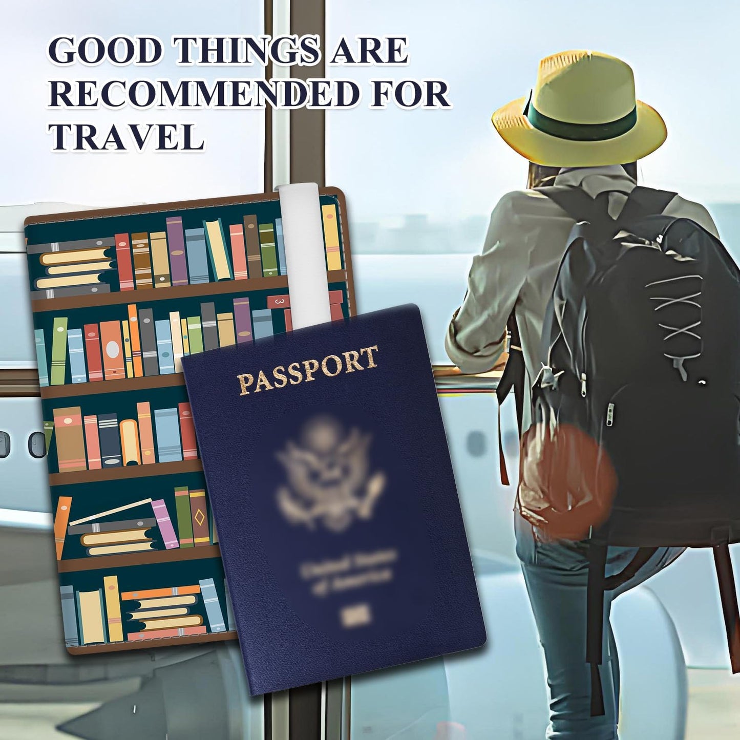 Passport Holder for Travel Essentials, RFID Premium Leather Passport Wallet Cover Case for Travel Must Haves Accessories, Passport Holders for Women Men Cute Book Shelf