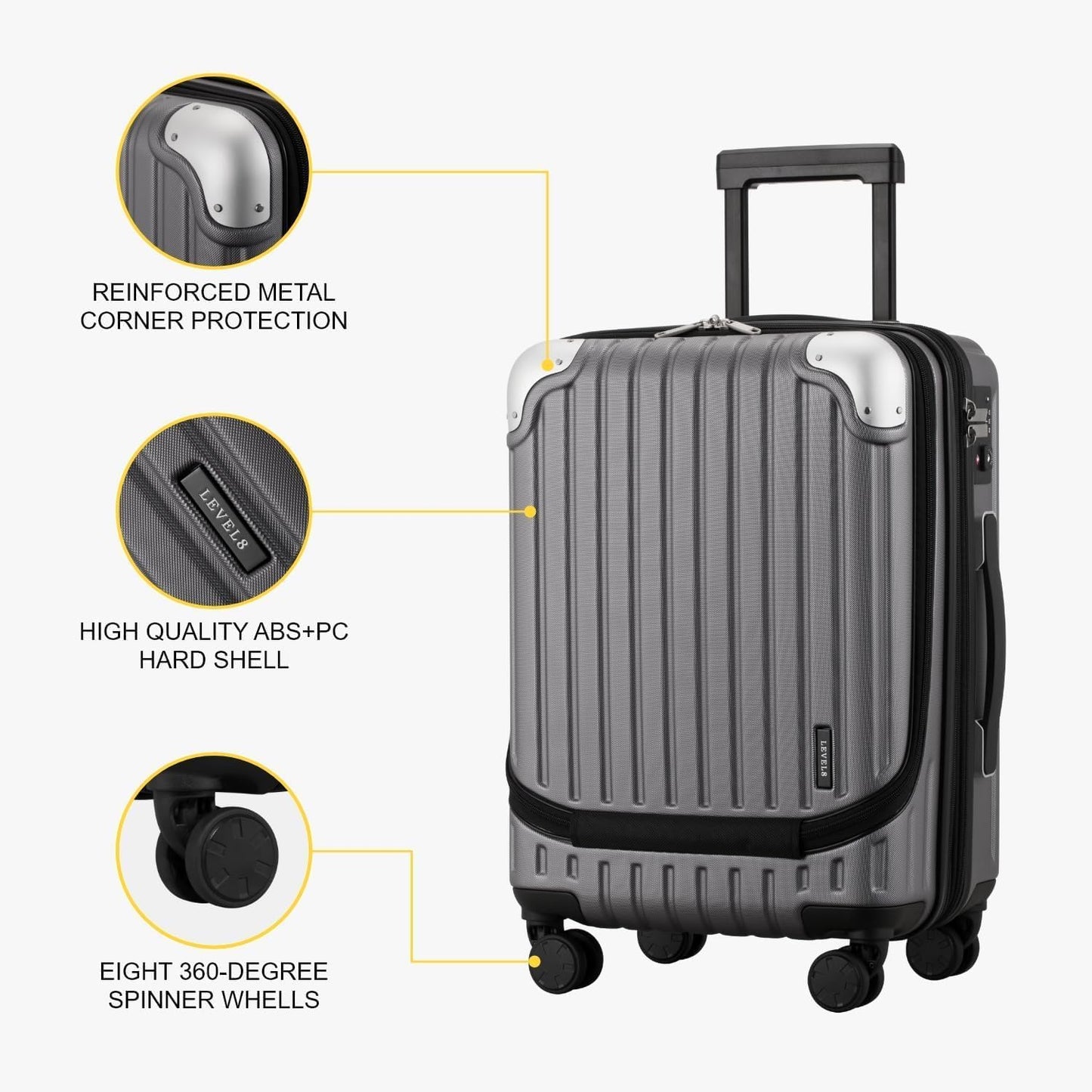 LEVEL8 Grace Carry on Luggage 22x14x9 Airline Approved, 20 Inch Hard Shell Suitcases with Spinner Wheels, Abs+Pc Hard Case Luggages with Tsa Lock, Travel bag for Women Men, Grey
