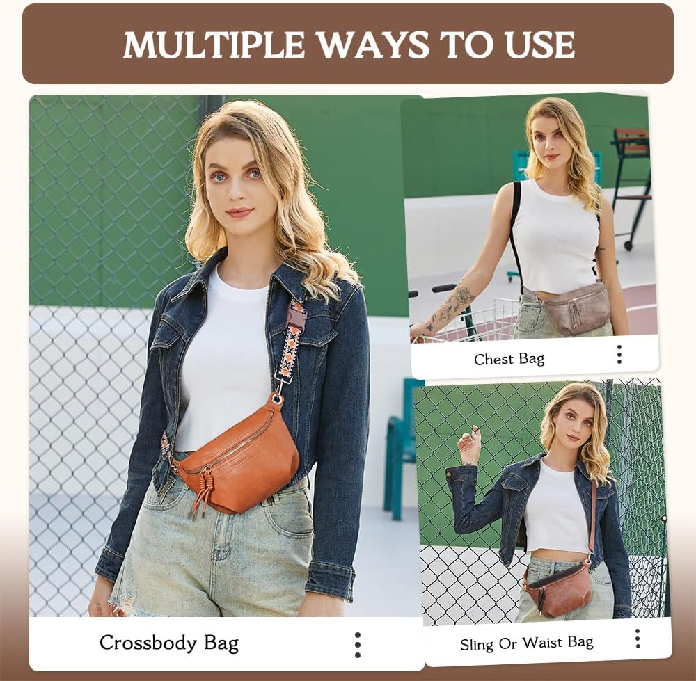 HKCLUF Fanny Pack Crossbody Bags for Women Pu Leather Belt Bag Waist Pack Causal Chest Bum Bag With 2 Straps