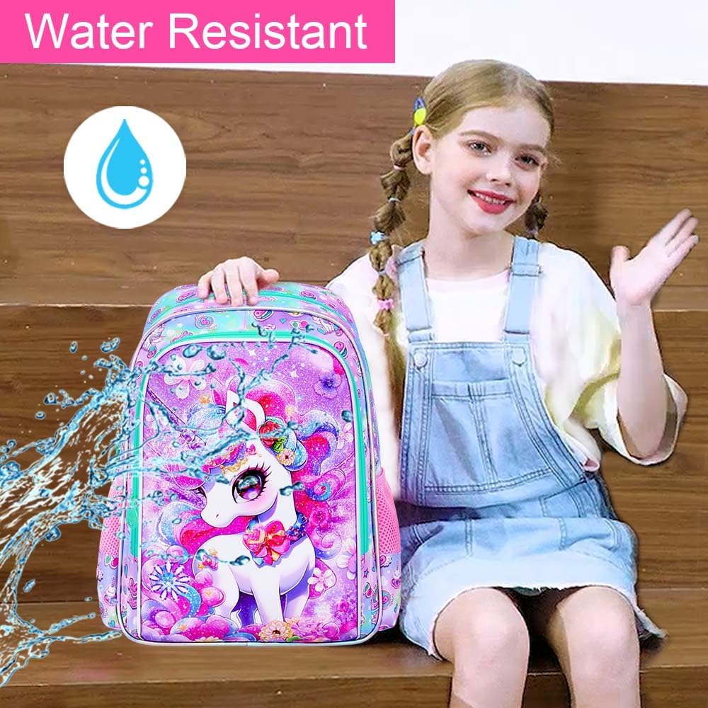 3PCS Unicorn Backpack for Girls, Water Resistant Kids Bookbag Set with Lunch Box，Cute Elementary School Bag for Preschool Toddler