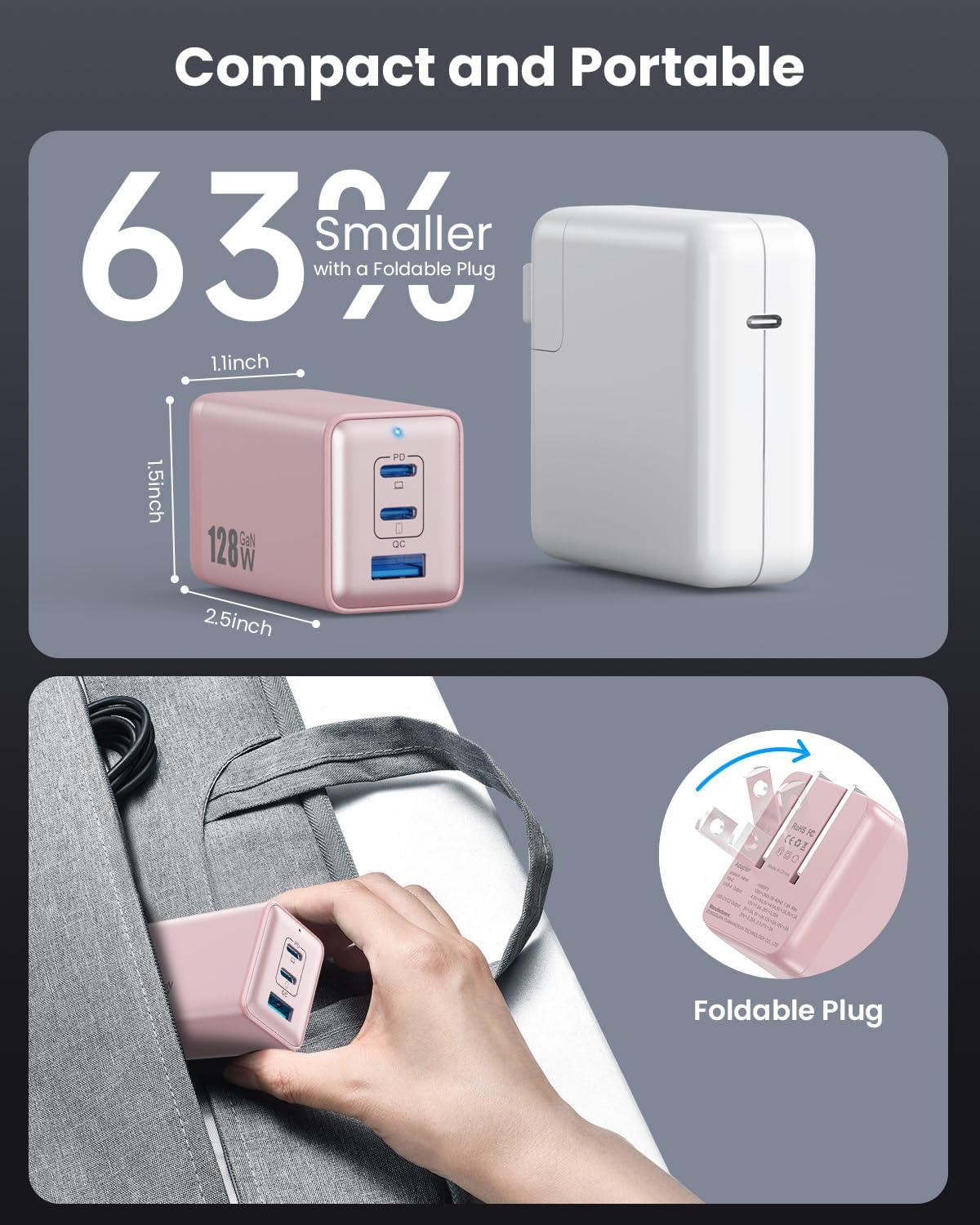 128W USB C Wall Charger,GaN III 3-Port Fast Charging Station,PD QC Foldable Charger Block Portable