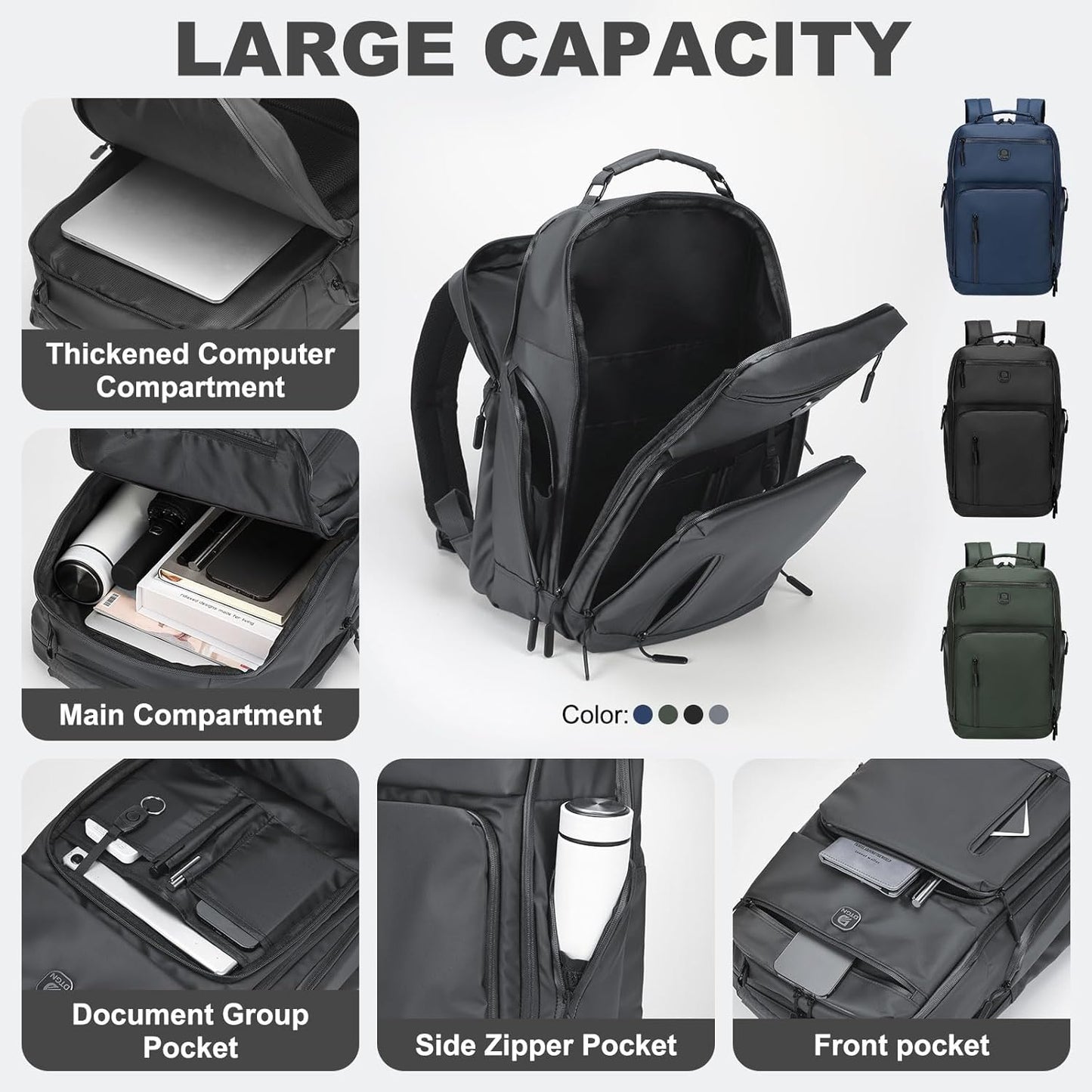 Large Capacity Water Resistant Laptop Backpack, 17 Inch Airplane Approved Durable Bag for College, Business Travel, Light Gray