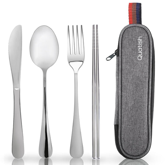 Travel Utensils with Case, Quatish Portable Silverware Set for Work, Stainless Steel Reusable