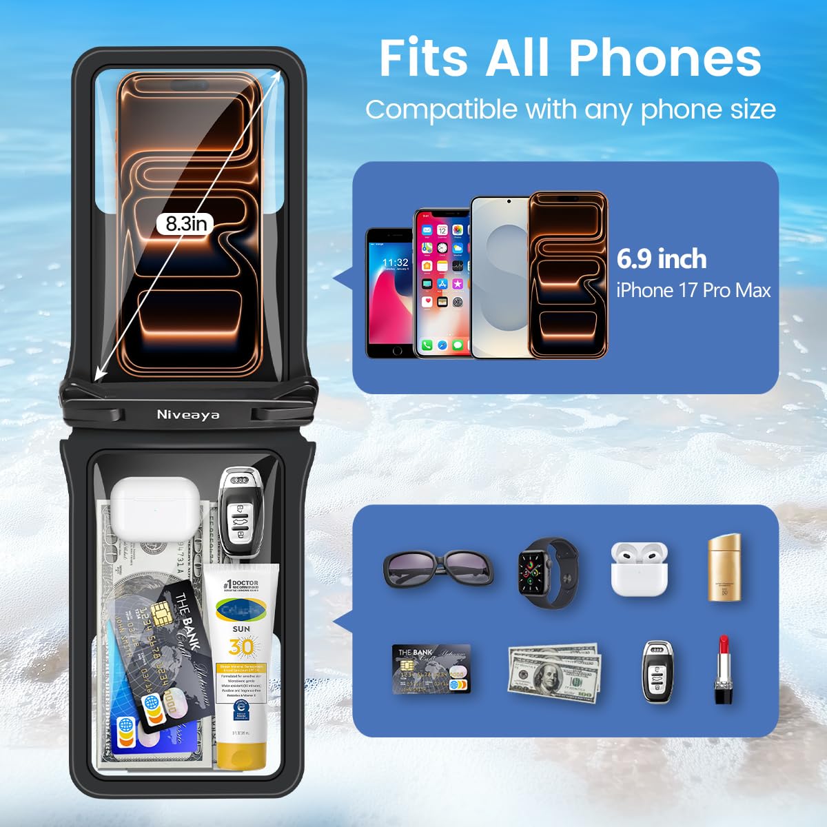 Niveaya IPX8 Double Space Waterproof Phone Pouch (up to 8.3") -2 Pack Waterproof Phone Case with