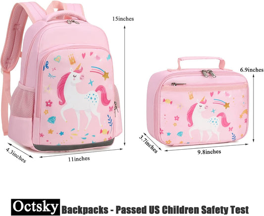 Octsky Backpack for Girls Kids School Backpacks with Lunch Box Preschool Kindergarten BookBag Set With Chest Strap (Candy Unicorn Pink)