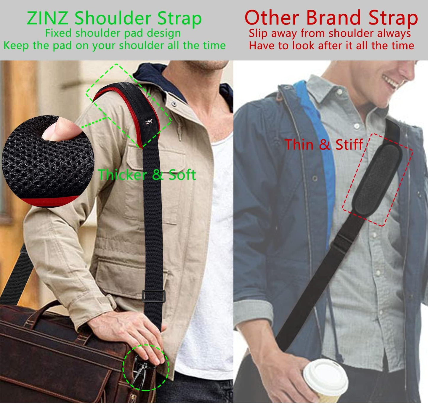 ZINZ 79 inch Shoulder Strap, Extra-thick Fixed Cushion Pad and Dual Clasps Universal Replacement Strap with Metal Swivel Hooks for Laptop Bags, Luggage Bags, Camera, Crossbody (200cm,Wine Edge)