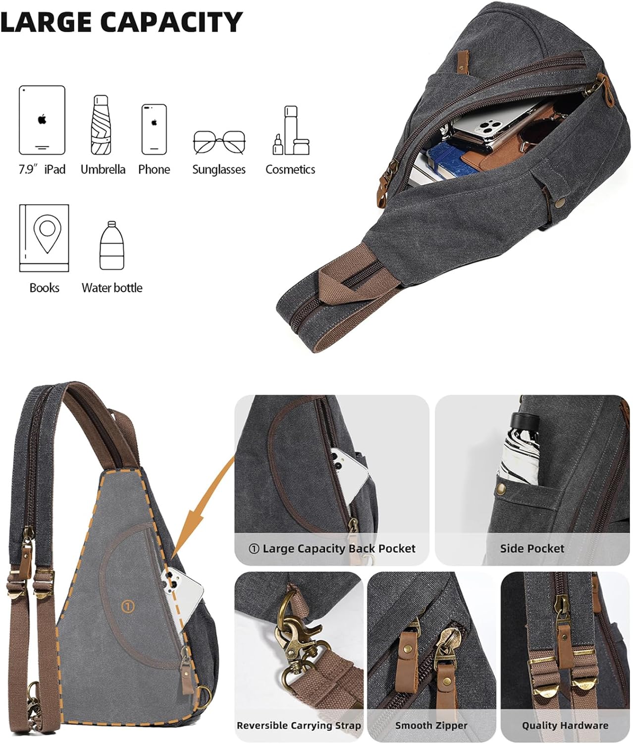 KL928 Canvas Sling Bag - Small Crossbody Backpack Shoulder Casual Daypack Rucksack for Men
