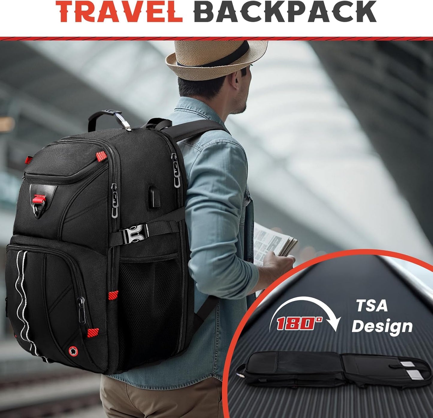Extra Large Travel Laptop Backpack,18.4 inch XXXL Gaming Backpack, TSA Friendly College Daypack Big Capacity Heavy Duty Business Suitcase Daypack Bag USB Port for Men/Women-Black