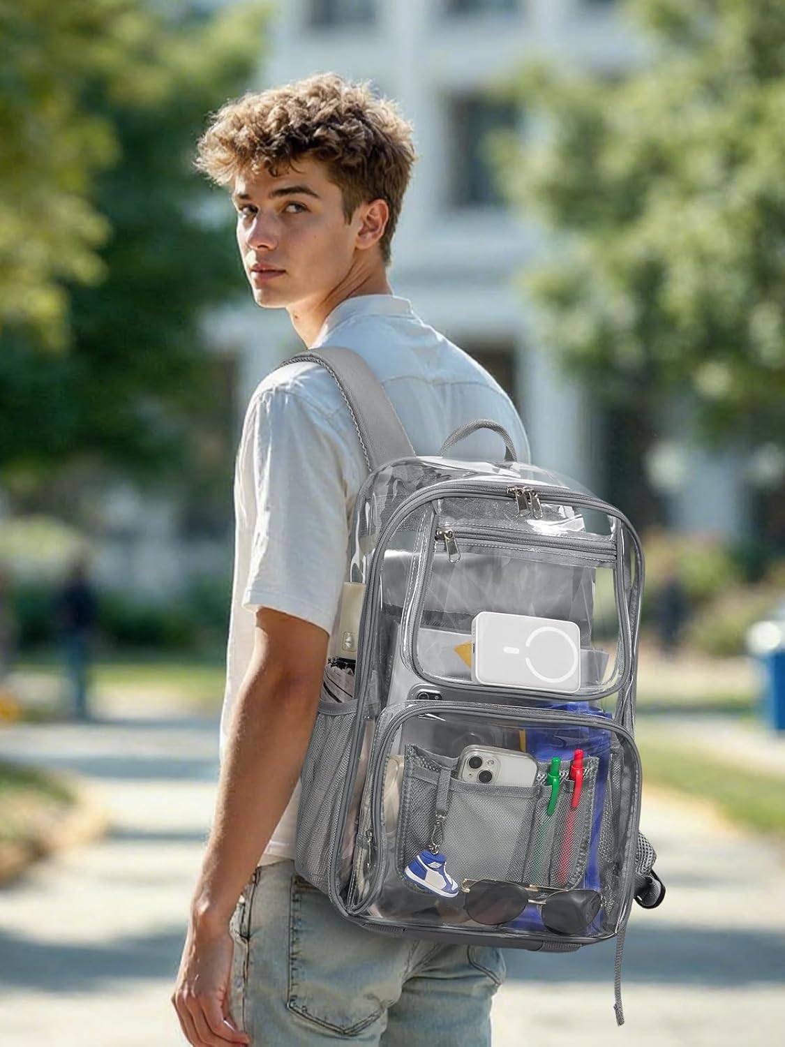 Heavy Duty Clear Backpack For Kids Women Men Boys Girls, 17 Inch Large See Through Backpack, 360° 3M Reflective Strips Clear Bookbag, Transparent Bag For School College Sport Work Travel, Grey