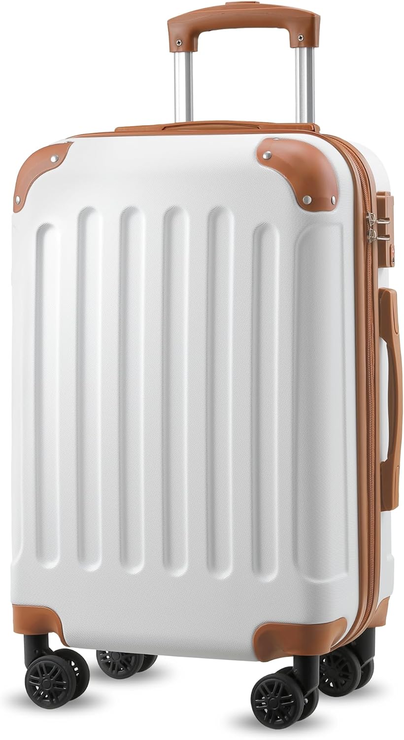 Carry On Luggage 22x14x9 Airline Approved, Hardside Suitcase with Wheels, TSA Approved, White Brown