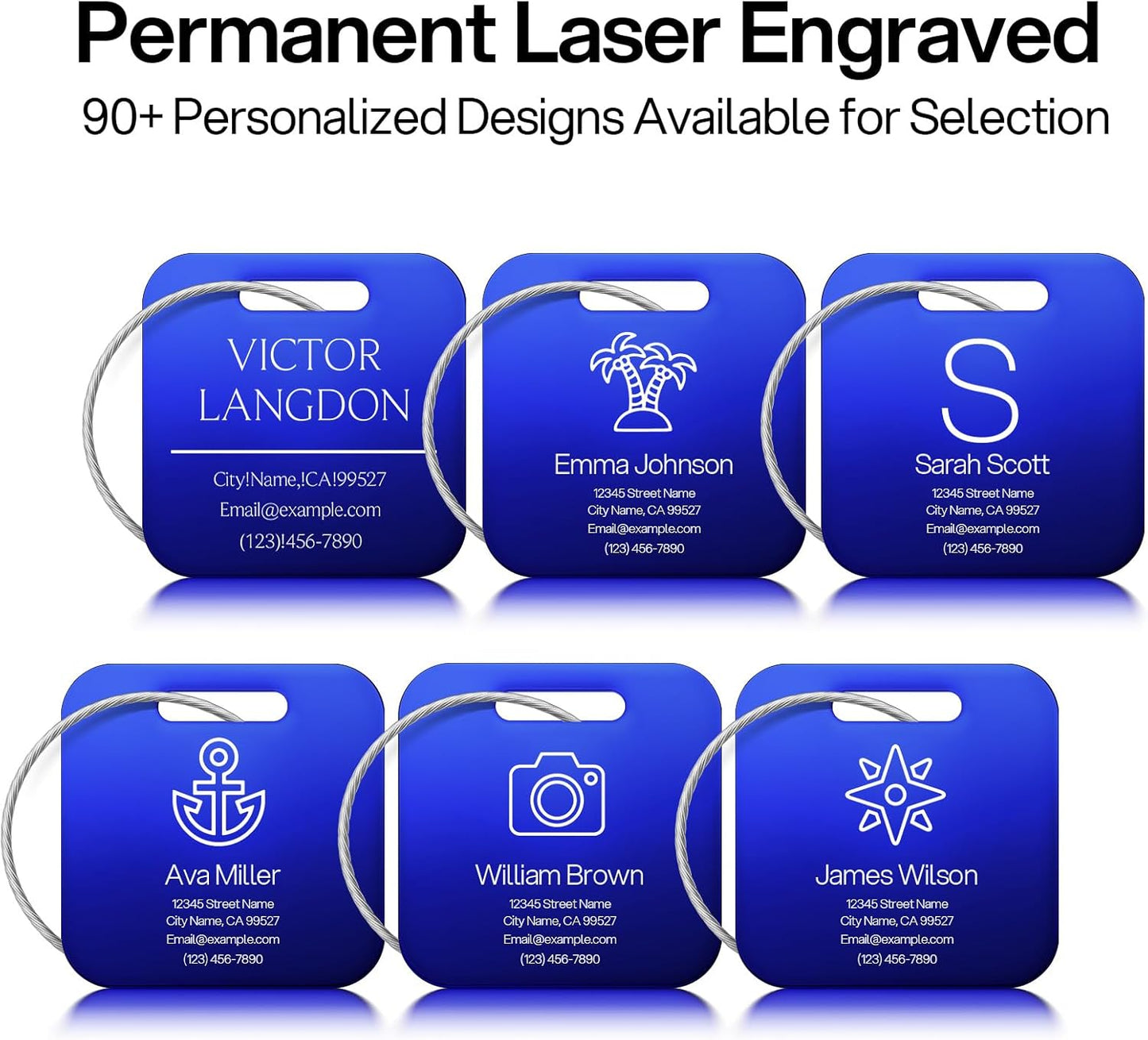 Initial Personalized Luggage Tags for Suitcases - Laser Engraved Stainless Steel Custom Name ID Tag for Backpack and Bag Kids, Women - Metal Baggage Tags Travel Essentials Accessories(Square-Blue)