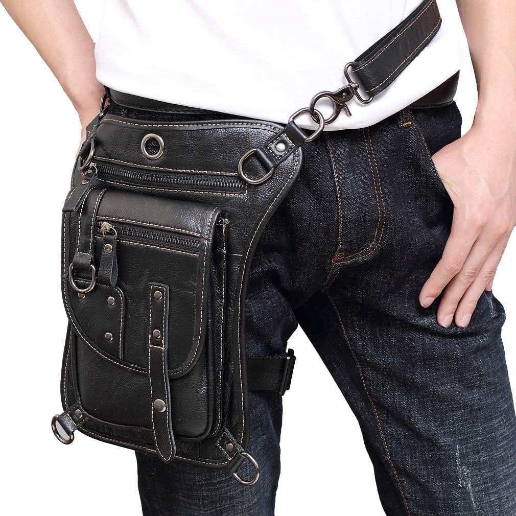 Leather Waist Pack Drop Leg Bag for Men Women Belt Bumbag Multi-Purpose Motorcycle Bike Outdoor Sports Tactical Cycling Riding Hiking Camping Pouch