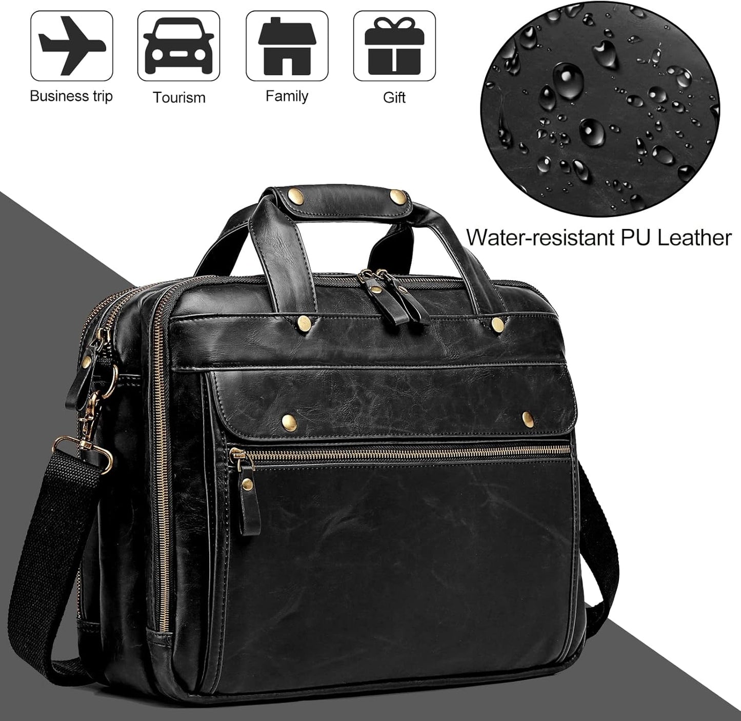 Bosidu Leather Briefcases for Men 15.6 Inch Laptop Messenger Bag with Triple Compartments Water-Resistant Computer Shoulder Bag for Business, Travel, Work, Office, Black