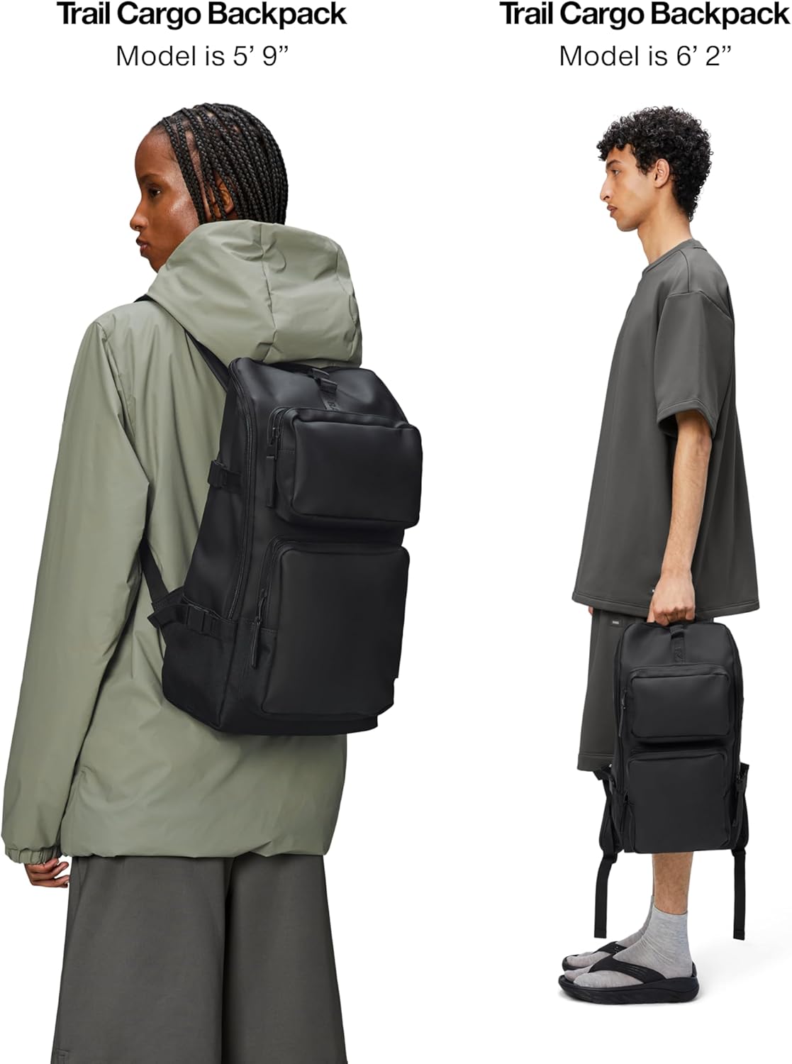 RAINS Trail Cargo Backpack – Black Unisex Cargo Backpack Water Resistant Water Repellent PU Fabric Smooth Feel Outdoor Urban Design 14L Capacity – 2 Year Warranty