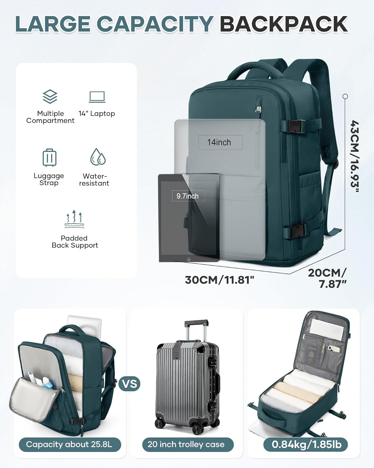 WONHOX Large Travel Backpack Carry on Flight Approved Laptop Work Business Backpack for Women Men