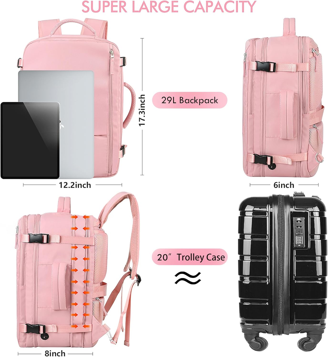 Beraliy Large Travel Backpack for Women, Personal Item Bag Airline Approved, Carry On Luggage, 17