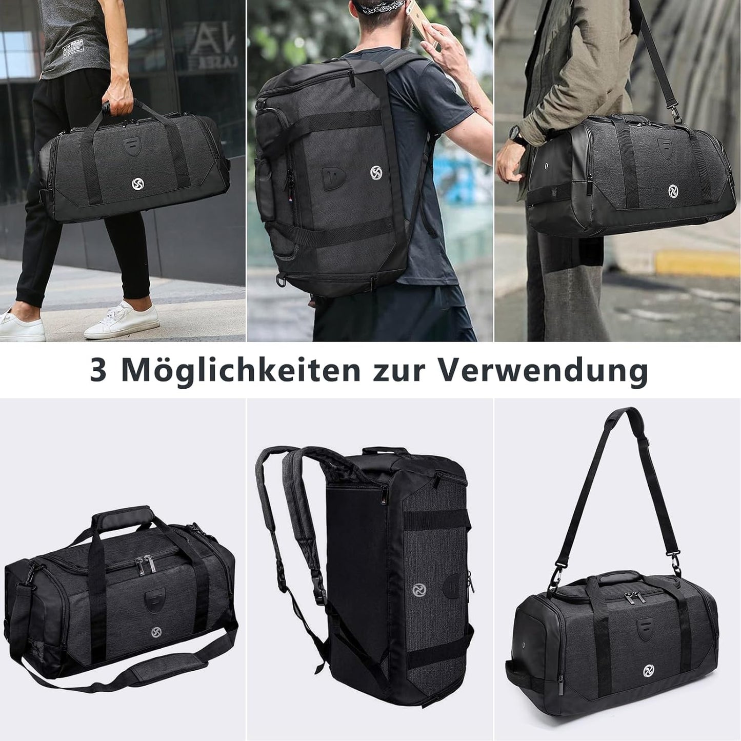 Gym Duffle Bag Backpack Waterproof Sports Duffel Bags Travel Weekender Bag for Men Women Overnight Bag with Shoes Compartment Black-Perfect Fathers Day Gifts for Dad/Men/Husband